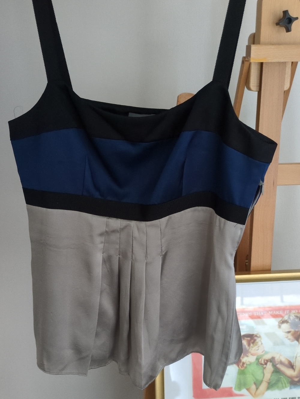 Ann Taylor Black and Blue And Grey Colorblock Silk Top